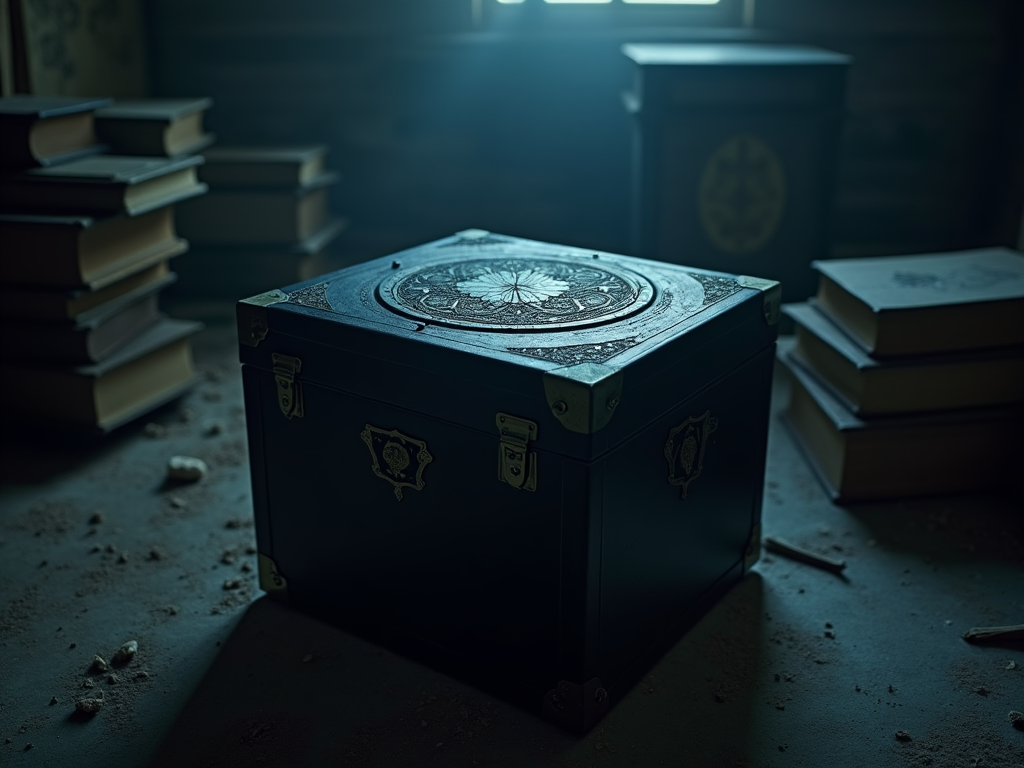 Темный сундук с узорами и книги в заброшенной комнате.