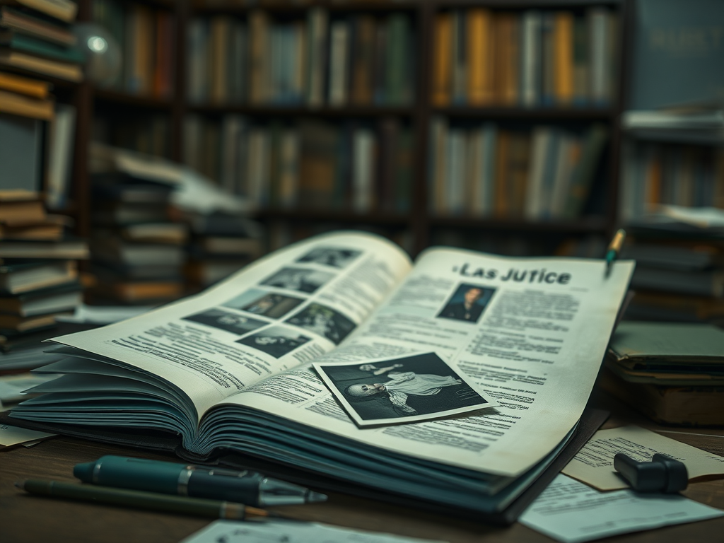 На столе открыта книга, окруженная старыми газетами, блокнотами и ручками на фоне книжной полки.